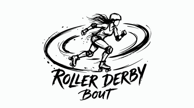 Roller derby girl skating action sketch logo.