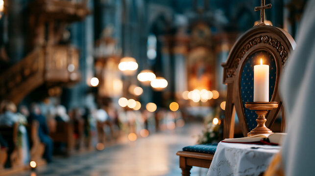 A wide shot of a decorated apse and a ceremonial chair glowing softly in a calm grand place of worship decorated apse faceless scene softly defocused backdrop dim interior