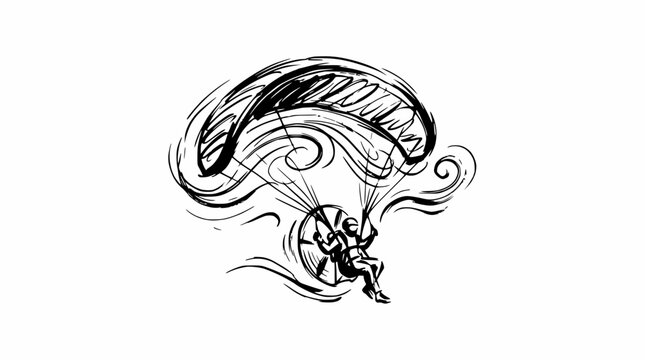 Hand drawn skydiver with open parachute sketch.