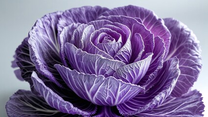 Obraz premium Close-up of vibrant purple cabbage with intricate leaf patterns and textures, showcasing its natural beauty against a soft, neutral background