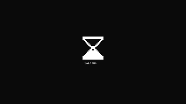 Hourglass pixel art icon rotating on black background for digital loading screen and retro gaming wait animation.