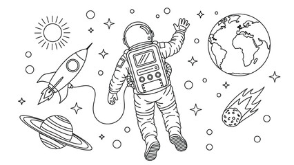 Outer space adventure scene with astronaut floating near earth and planet saturn exploring universe in hand drawn style coloring page for children and adults. © hossain
