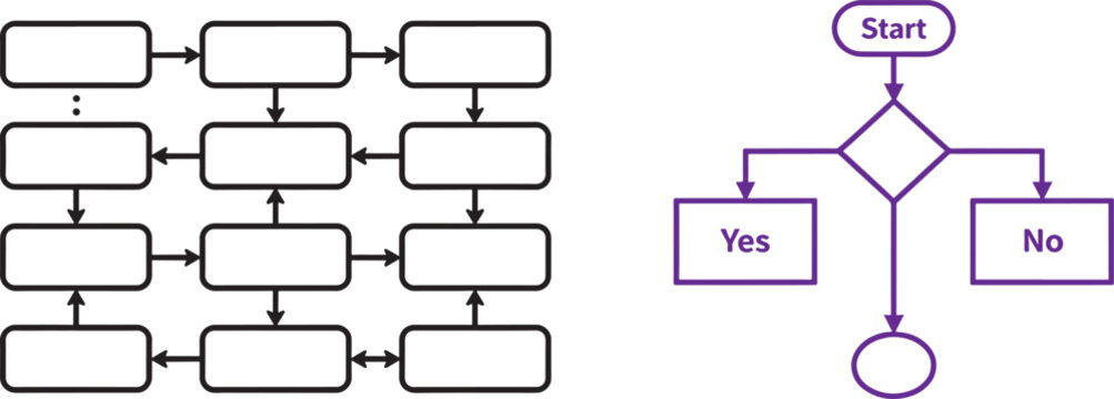 Process flowchart diagrams with grid network and decision tree logic path vector illustration