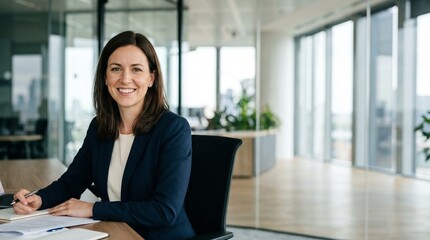 Fototapeta premium Portrait of smiling successful businesswoman sitting at office desk with laptop. Cheerful female executive manager working corporate project planning financial strategy in modern office.