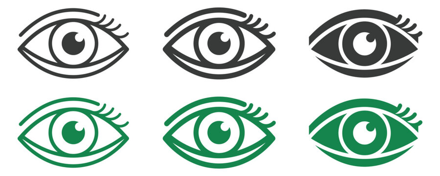 Set of eye icons in black and green colors with optometry collection illustration isolated minimalist monochrome interface perception identity pictogram