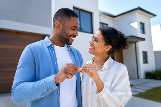Young couple smiling and holding keys to their new first home property