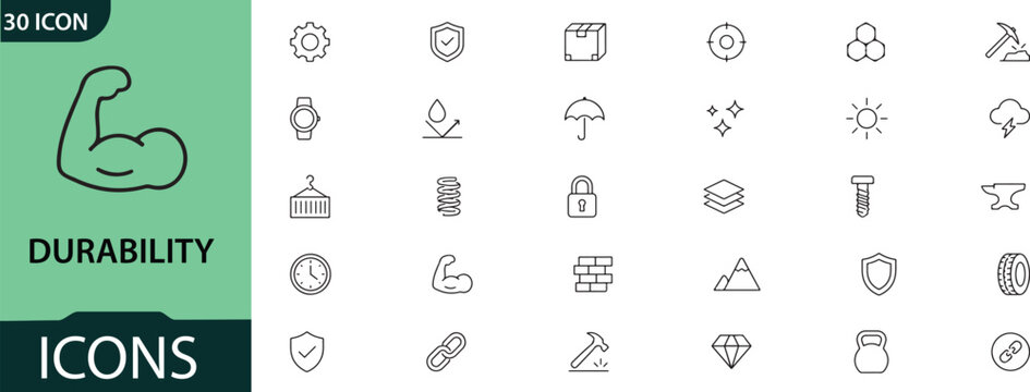 Durability icon set 30 line icons for quality reliability and protection