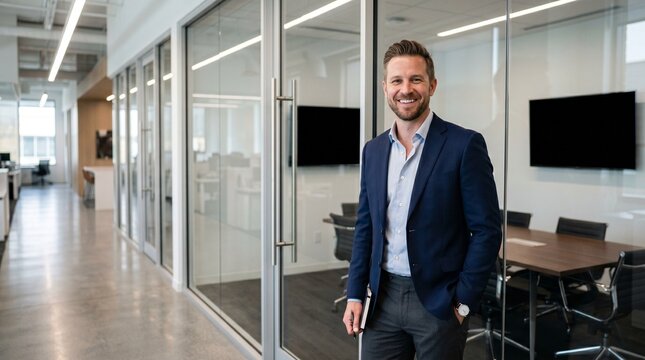 Smiling young businessman standing in modern corporate glass office corridor, confident male entrepreneur holding notebook, successful manager profile, professional leadership concept