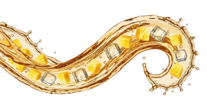 Brown liquid splashing with ice cubes and pineapple chunks isolated on transparent background