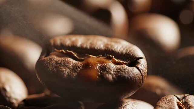 Close up macro of roasted brown coffee beans.