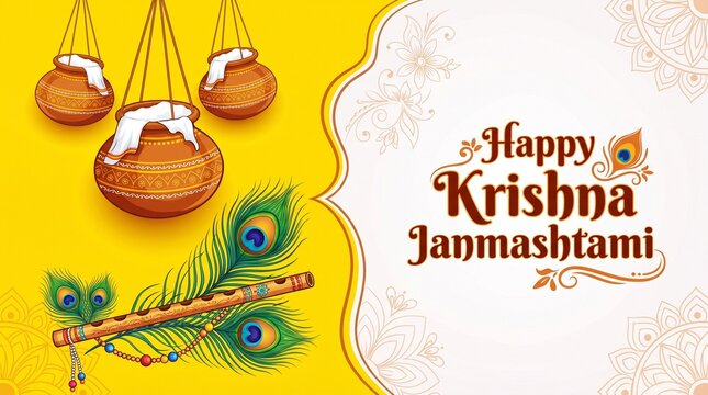 Happy Janmashtami festival banner template design with dahi handi and peacock feather.