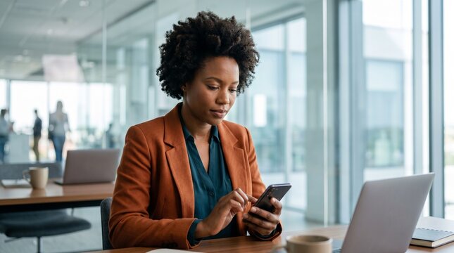 Serious Black African American businesswoman typing on smartphone at office desk with laptop. Professional female manager using mobile device for commercial corporate communication.