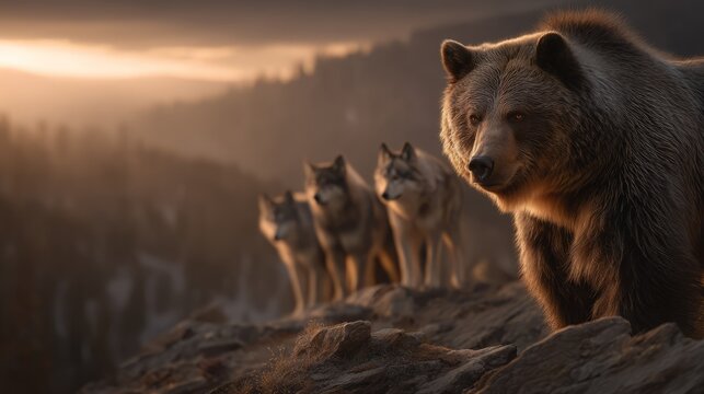 Close-up of large brown bear with pack of wolves in forest mountain dusk