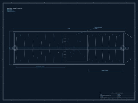 Technical blueprint of a gas turbine engine crosssection