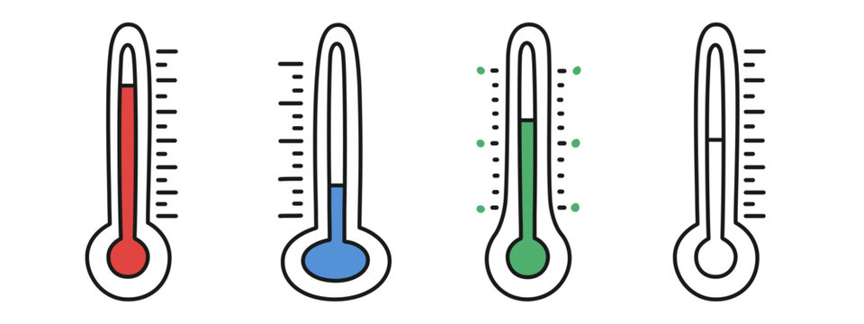Thermometer clipart cartoon drawing with temperature fever icon set in hot cold normal and blank outline on transparent background