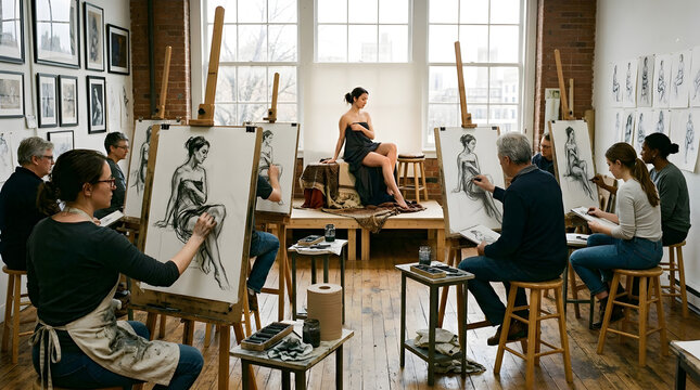 "Life drawing class in a bright studio with a live model posing on a platform, artists sketching on easels around her. Natural north light, charcoal drawings visible, creative atmosphere."