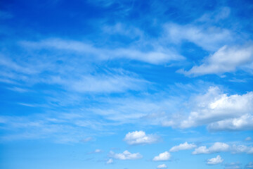 Naklejka premium Blue sky background with soft cirrus and cumulus clouds. Atmospheric weather scene for meteorology, climate, sky and open air concepts.