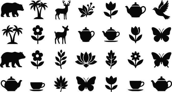 Nature wildlife and tea time elements black silhouettes vector pattern