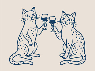 Obraz premium Feline Friends Toasting: Two charming felines, illustrated in a playful blue line art style, raise their glasses filled with dark liquid, clinking them in a cheerful toast.