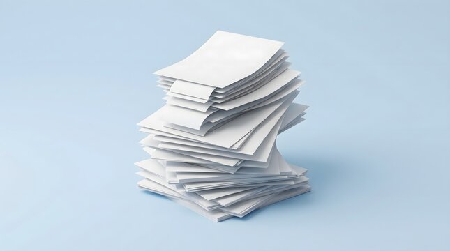 Stack of blank white paper sheets on a light blue background representing office workload and document management modern minimalist aesthetic concept