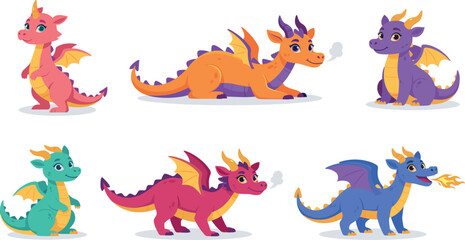 Obraz premium Cute Dragon Character Set Vector Illustration with Colorful Cartoon Dragons in Different Poses, Flat Style Fantasy Animal Collection