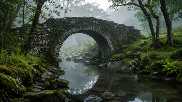 Stone bridge over a small stream in a foggy forest landscape