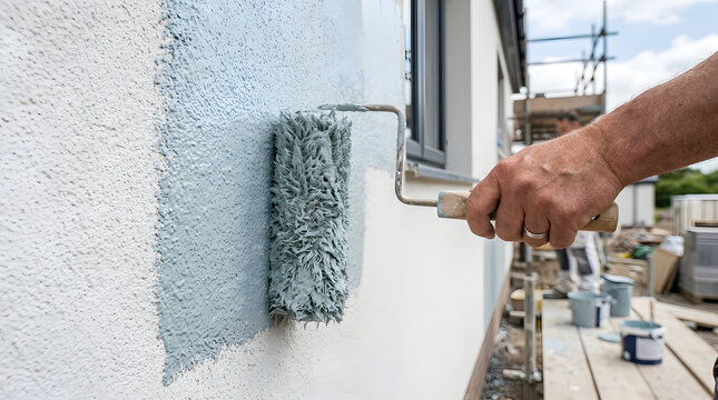 professional painter applying exterior wall paint | hand using masonry roller on textured stucco surface | house renovation painting blue on white render | residential construction site