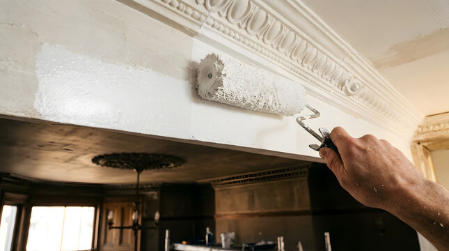 Painting crown molding with roller | Home renovation interior painting | DIY house painting project | Applying white paint to ceiling cornice