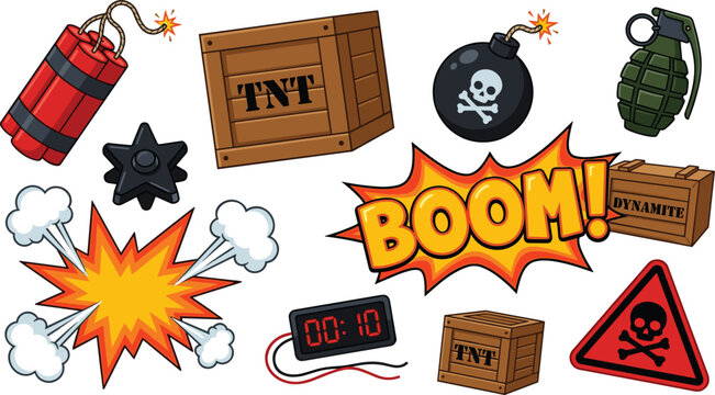 Explosive Weapon and Detonation Vector Set with TNT Dynamite Sticks Wooden Crates Grenade Ticking Time Bomb and Boom Smoke Clouds for Game Asset Graphic Designs