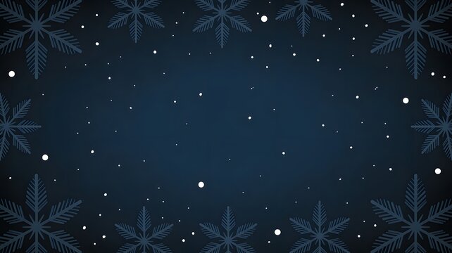 Abstract dark background with white falling snow and geometric snowflake pattern