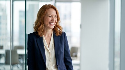 Fototapeta premium Happy professional businesswoman laughing in modern office, corporate success, cheerful female executive, positive business leadership, career growth, confident manager, working environment, joy