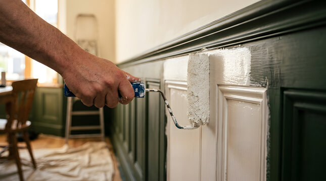 professional painter applying white paint | diy home improvement project | painting interior walls with paint roller | hand holding paint roller painting wood panels