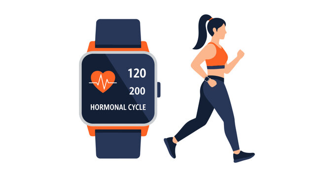 Flat Illustration of Woman Jogging with Smartwatch Tracking Hormonal Cycle and Fitness Data, Health and Wellness Concept