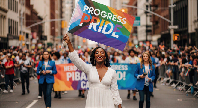 Smiling Black woman holding Progress Pride flag at urban LGBTQ+ parade