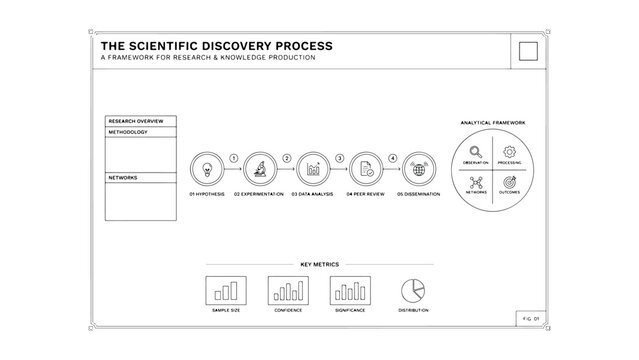 Scientific discovery process: a framework for research and knowledge production, outlining hypothesis, experimentation, data analysis, peer review, and dissemination.