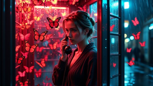 young woman standing front red telephone booth she holding phone her ear both hands appears deep thought woman has blonde hair wearing black sweater background dark multiple red butterflies flying