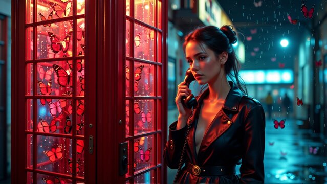 young woman standing front red telephone booth she wearing black leather jacket has her hair tied bun woman holding phone her ear appears deep thought background city street night buildings
