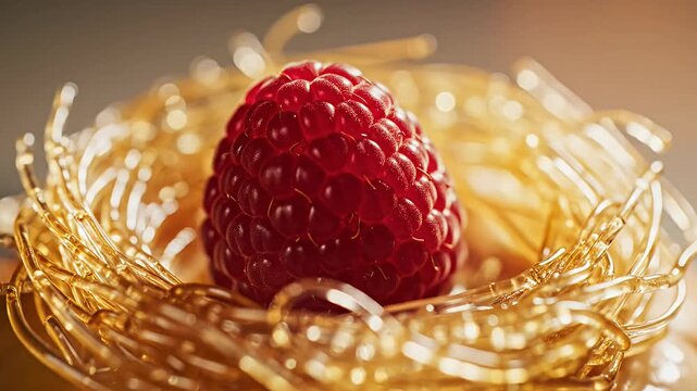 Fresh raspberry resting in decorative golden filament nest.