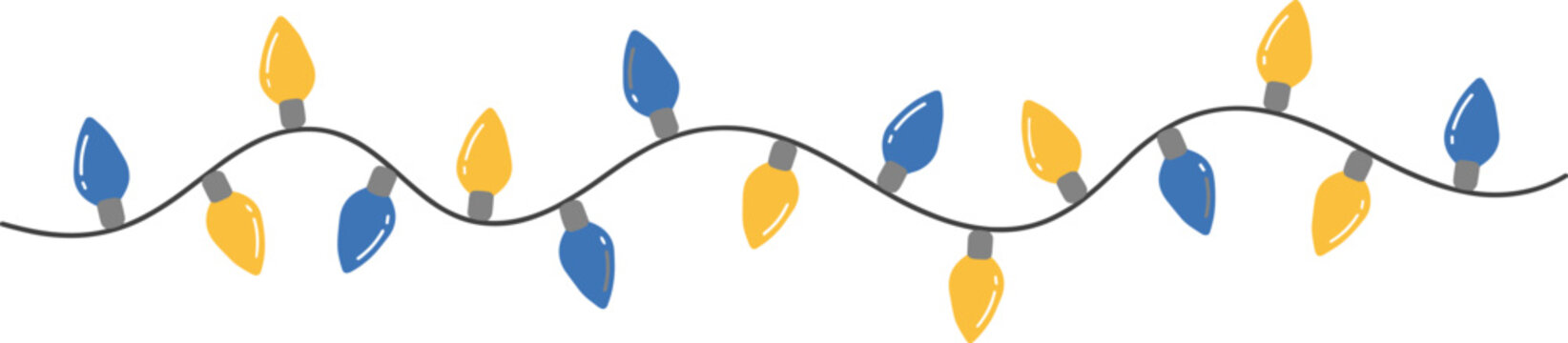 Blue and yellow festive string lights on black wire