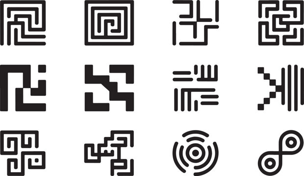 black vector silhouette icons including geometric shapes, abstract symbols, minimalist floral patterns, and complex mandalas isolated on a white background for design projects.
