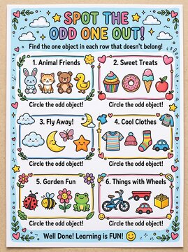 cute themed objects where one item is different, children's brain teaser worksheet
