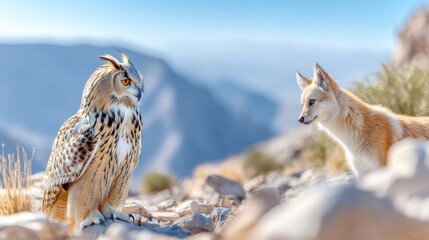 Obraz premium Wild owl and fox face each other in rocky natural mountainous environment