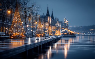 Obraz premium Evening city waterfront with illuminated festive light decorations reflecting on water