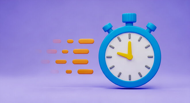Bright blue plastic stopwatch icon featuring yellow hands and orange motion blur trails isolated on a soft purple background representing fast time management concepts for business productivity and ef