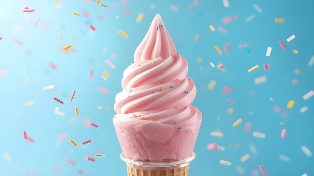 Pink Strawberry Soft Serve Ice Cream Cone with Falling Colorful Sprinkles
