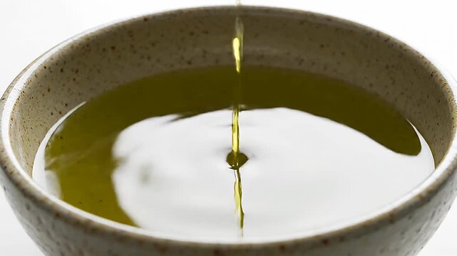 Golden olive oil pouring into ceramic bowl.
