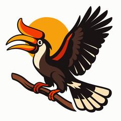 Obraz premium Exotic Rhinoceros Hornbill Mascot Character Perched Elegantly On Tree Branch Spreading Wings Wild Tropical Forest Bird Badge Symbol Golden Sun Sky Clean Line Art Graphic Illustration 