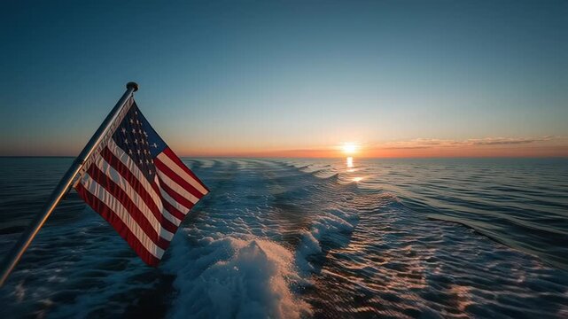 American flag on boat at ocean sunset for 4th of July Independence Day patriotic maritime video footage