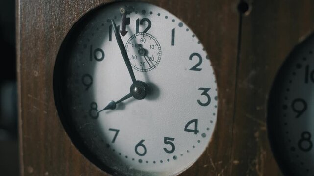 Close up of a vintage wooden analog clock face with hands moving rapidly in a timelapse motion. The minute hand sweeps past the hour mark. Concept of passing time and urgency.