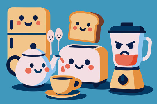 Cute And Funny Kawaii Kitchen Appliances Character Design Set Featuring Happy Refrigerator Teapot Spoons Toaster Bread Slice Coffee Cup Angry Food Blender Graphic Asset Artwork Illustration
